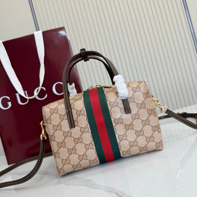 gucci melrose mini gg coated canvas web stripe leather trim hand crossbody boston bag #876057